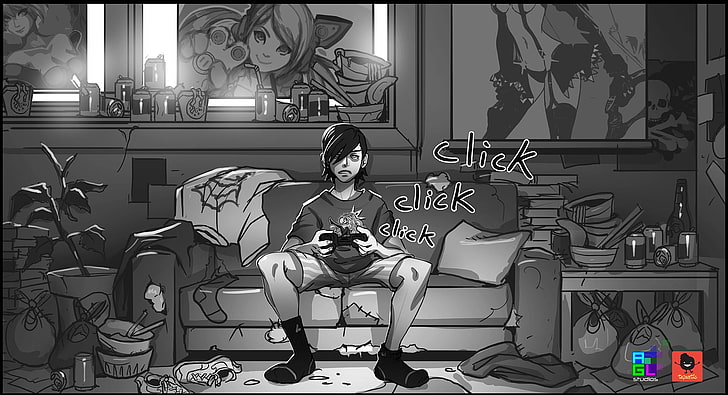 boy sitting on sofa illustration, artwork, monochrome, full length