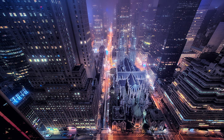 New York city night view, street, buildings, skyscrapers, lights, USA