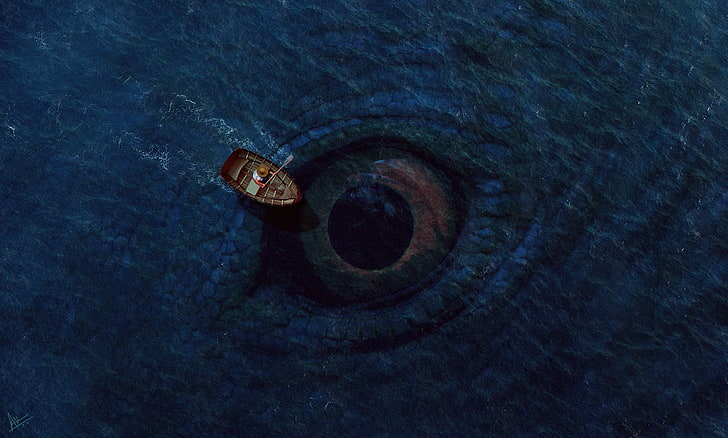 brown boat illustration, sea, eyes, creature, waves, circle, close-up