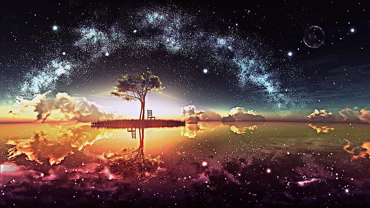 tree painting, fantasy art, trees, chair, clouds, space, water