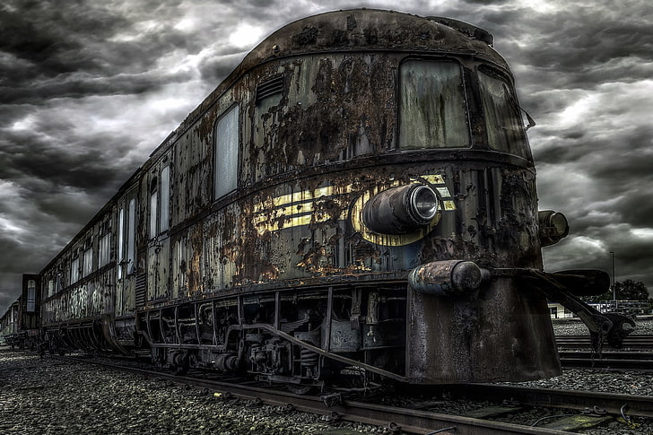 brown train, vehicle, abandoned, old, HDR, ruin, railway, overcast