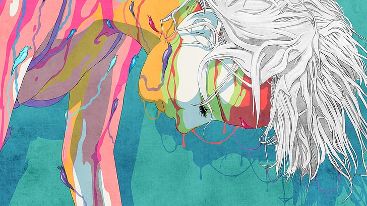 women, white hair, colorful, artwork, multi colored, creativity, HD wallpaper