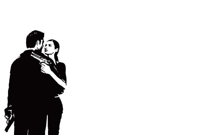 Max Payne, man in woman holding gun facing each other illustration