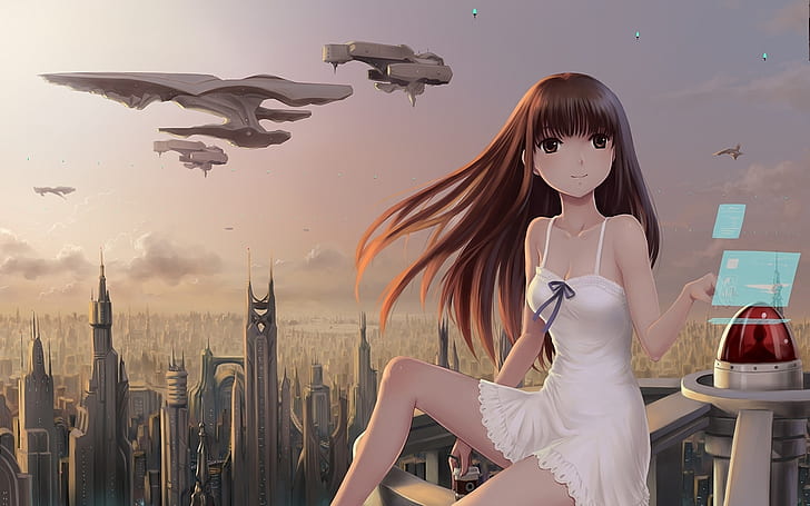 girl, city, ships, transport, interface, skyscrapers, future