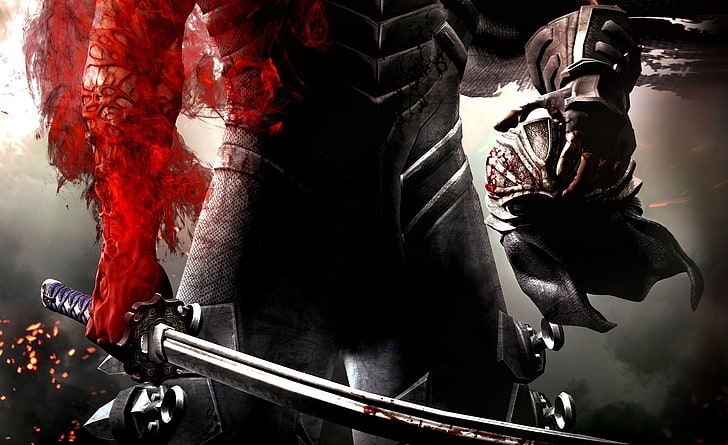 Ninja Gaiden III, person holding helmet and sword digital wallpaper