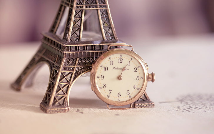round gold-colored pocket watch, Eiffel tower, figurine, dial, HD wallpaper