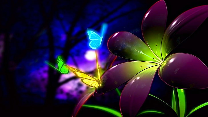 flora, luminous, butterfly, flower, petal, dream, dreamland, HD wallpaper