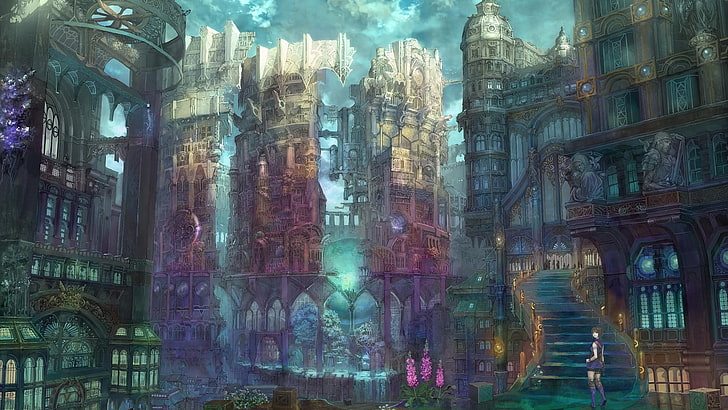 castle animation wallpaper, anime, futuristic, fantasy city, anime girls, HD wallpaper