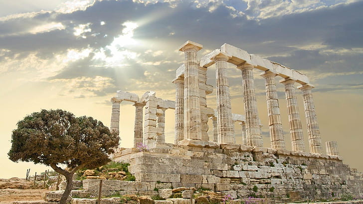 greece temple of poseidon temple of zeus ancient athens ruin pillar stone sun rays, HD wallpaper