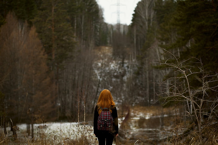 women, redhead, back, backpacks, nature, forest, women outdoors, HD wallpaper