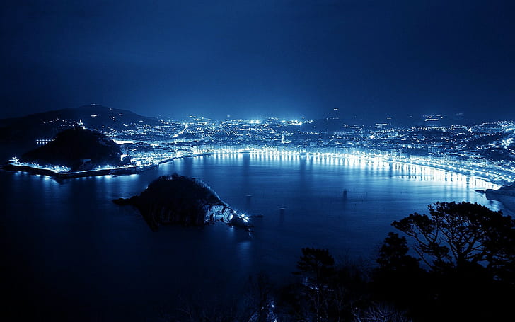 cityscape, night, blue, coast, city lights, HD wallpaper