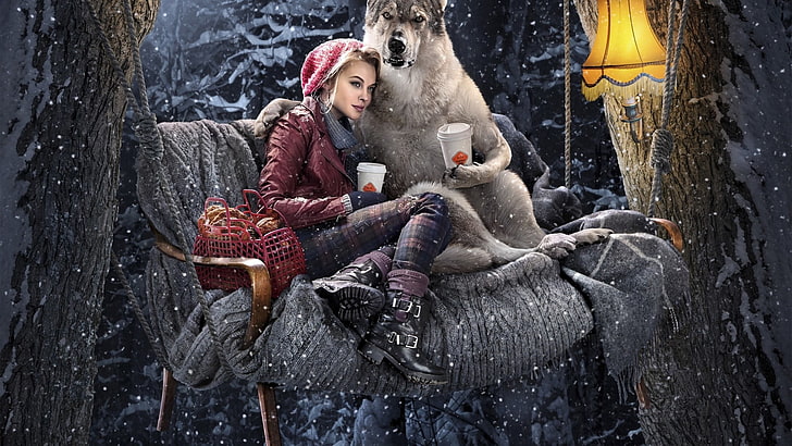 white wolf wallpaper, dog, girl, forest, winter, composition, HD wallpaper