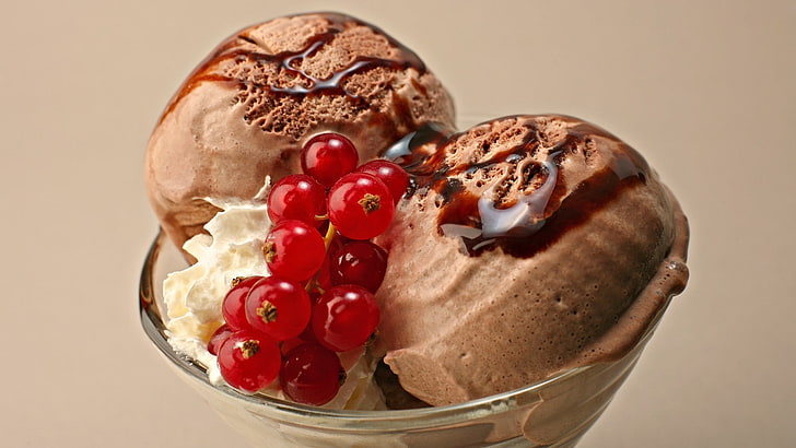 chocolate ice cream with red cherry, food, dessert, food and drink, HD wallpaper