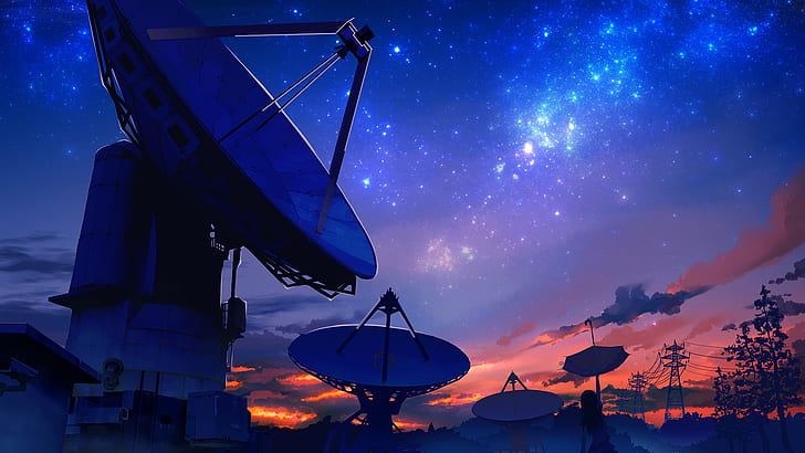 radio telescope, space, technology, sky, night sky, artwork, HD wallpaper