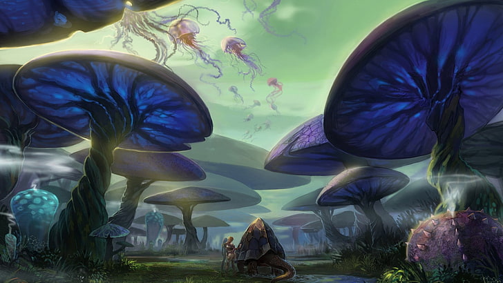 blue mushrooms and jelly fish digital wallpaper, fantasy art