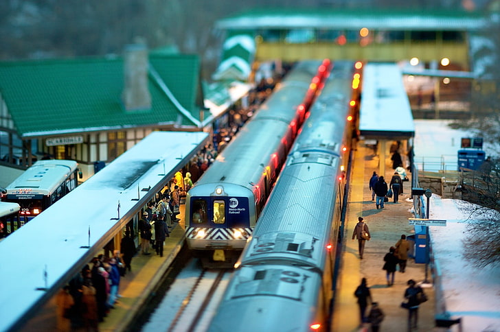 two grey trains, miniature of train and people set, tilt shift, HD wallpaper