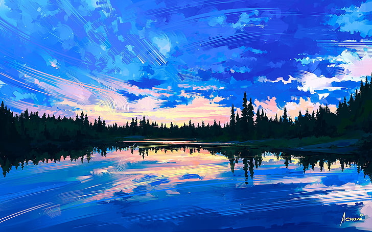artwork, Aenami, reflection, water, lake, tree, sky, plant