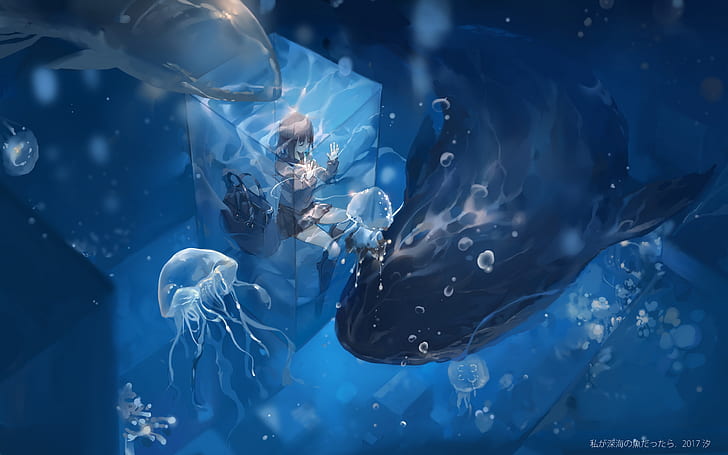 whale, jellyfish, bubbles, anime girls, underwater, HD wallpaper
