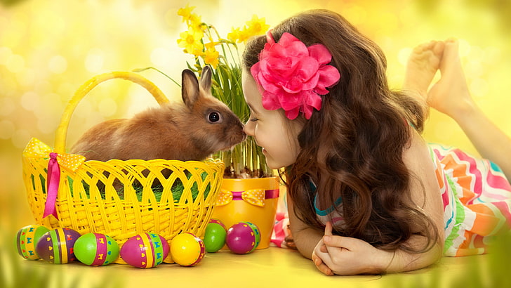 brown rabbit, children, baskets, eggs, flower in hair, barefoot