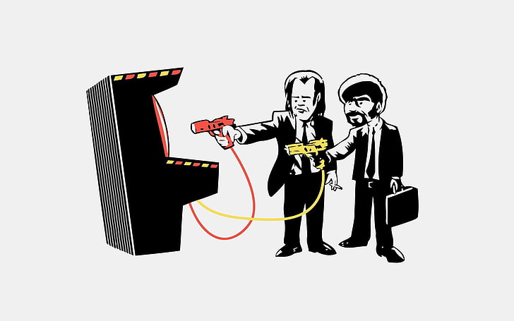 two people playing on arcade machine illustration, Pulp Fiction