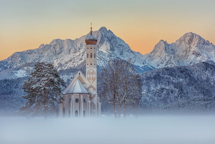 winter, mountains, church, landscape, nature, place of worship