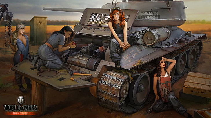 World of Tanks game painting, girl, engine, repair, WoT, Wargaming.Net HD wallpaper