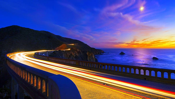Heavenly Bridge Highway, mountain, lights, bixby bridge, california