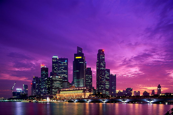 black skyscraper, Singapore, city, Asian architecture, dusk, bridge, HD wallpaper