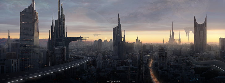 high-rise building illustration, science fiction, city, fantasy art