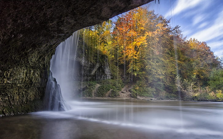 nature, landscape, water, waterfall, long exposure, trees, cave