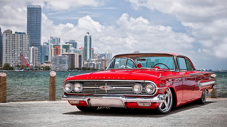 classic red coupe, car, red cars, Oldtimer, architecture, transportation, HD wallpaper