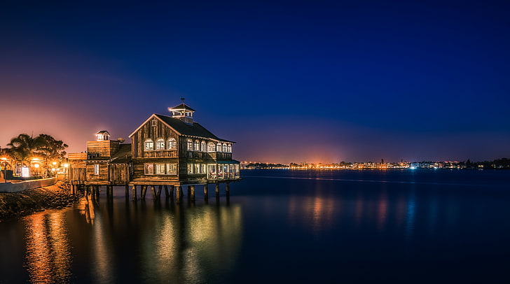 Late Night at the Pier Cafe, United States, California, Lights, HD wallpaper