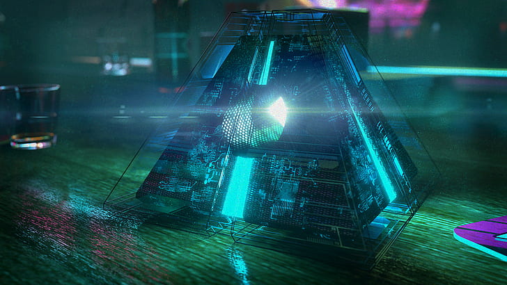 David Legnon, cyberpunk, Artifacts, science fiction, blue light, HD wallpaper