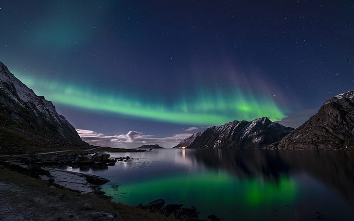 Norway, Lofoten Islands, northern lights, night, sea, HD wallpaper