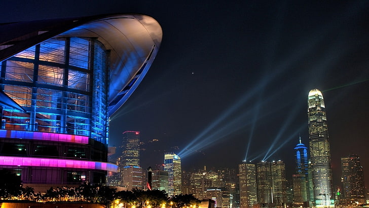 lighted buildings, city, cityscape, Hong Kong, China, building exterior, HD wallpaper
