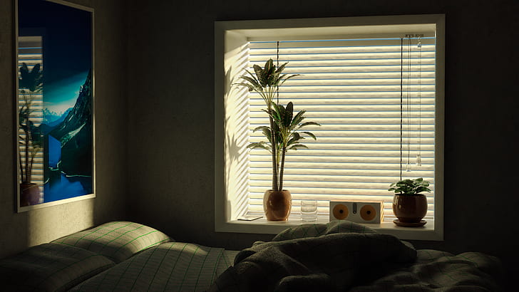bedroom, plants, poster, palm trees, sunrise, interior, interior design, HD wallpaper