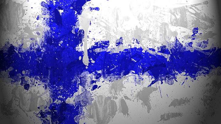 blue and gray abstract painting, Suomi, Finland, flag, paint splatter, HD wallpaper