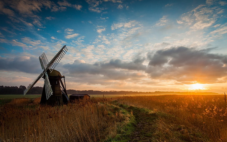 brown windmill, landscape, sunset, sky, sunlight, clouds, cloud - sky, HD wallpaper