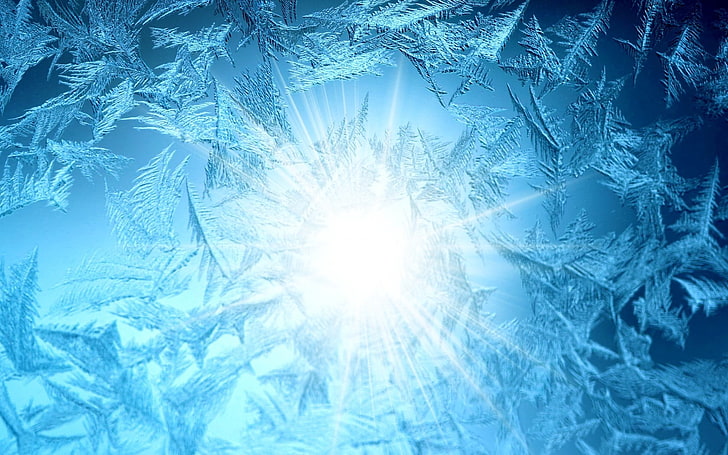 blue ice wallpaper, patterns, frost, glass, sun, winter, christmas, HD wallpaper