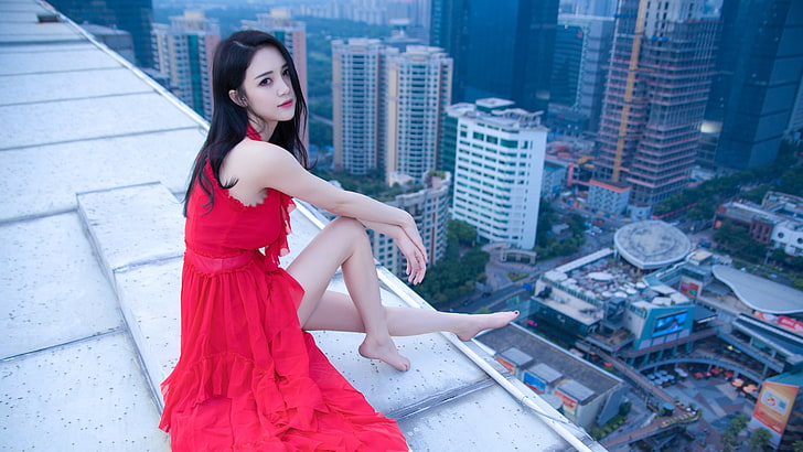 women's red dress, Asian, model, photography, city, barefoot