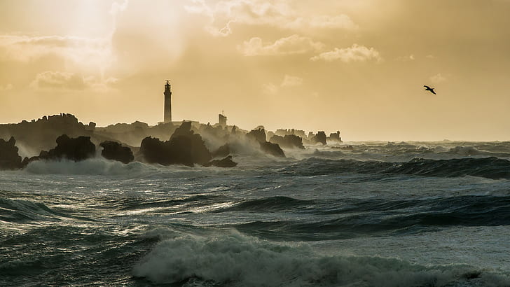 sea, waves, coast, lighthouse, rocks, clouds, sunlight, mist