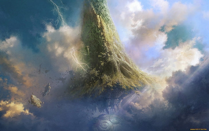 floating island illustration, fantasy art, cloud - sky, nature