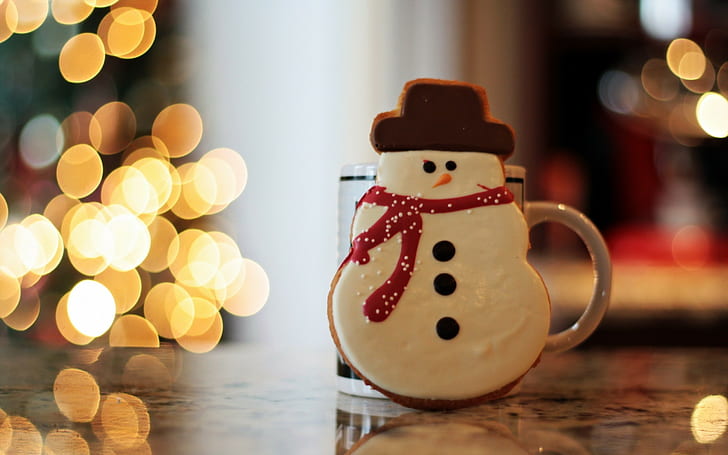Christmas, New Year, cookies, bokeh, cup, snowmen