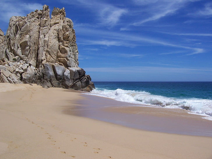 Cabo San Lucas, calm, rock, nature, beach, waves, sand, blue, HD wallpaper