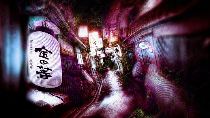 alley surrounded by buildings digital wallpaper, psychedelic