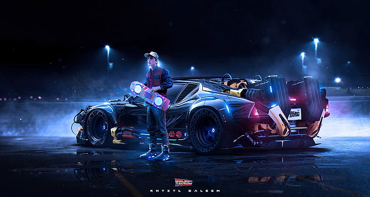 black sports car, Back to the Future, hoverboard, Khyzyl Saleem HD wallpaper