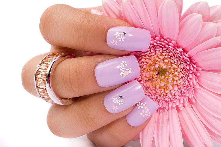 purple manicure, flower, ring, hand, nails, fingernail, pink Color