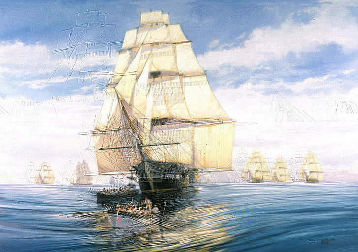 ship on body of water painting, art, artist, calm, Navy, landing, HD wallpaper