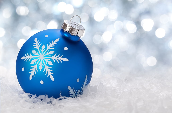 blue baubles, winter, snow, background, holiday, Wallpaper, toys, HD wallpaper