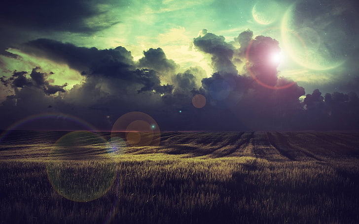 nature, field, clouds, grass, fantasy art, planet, sky, sunlight, HD wallpaper